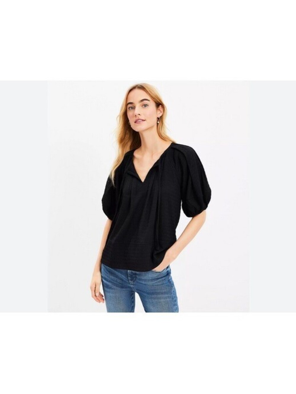 Loft NWT Women's Black Puff Sleeve Tie Neck Textured Blouse Size L